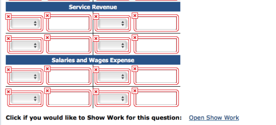 Service Revenue Salaries and Wages Expense Click if you would like to Show Work for this question: Open Show Work
