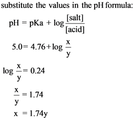 substitute the values in the pH formula:
pH = pka + log,
[salt]
[acid]
5.0= 4.76+ log
log - 0.24
= 1.74
x = 1.74y
