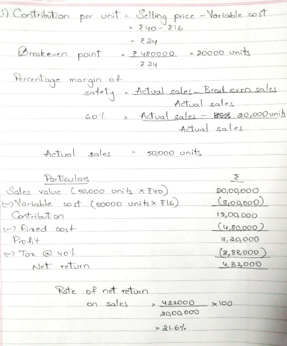 3) Contribition per unit = Selling price - Variable cost 240-216 E 24 Breakeven point = 20000 units z 48000O. 2 24 Percentage
