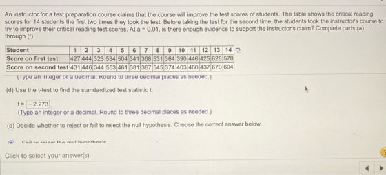 5 An instructor for a test preparation course claims that the course will improve the test scores of students. The table show