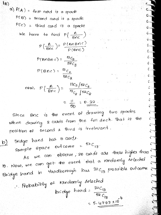 IA) o) ρ(A) n first cod is space PCB) Second casd is a spade PCc) - third ca>d is a spocde Wle have to and PA BC 58 C 52 C no