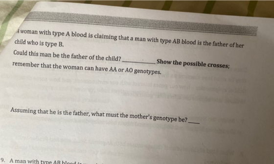 A woman with type A blood is claiming that a man with type AB blood is the father of her child who is type B. Could this man