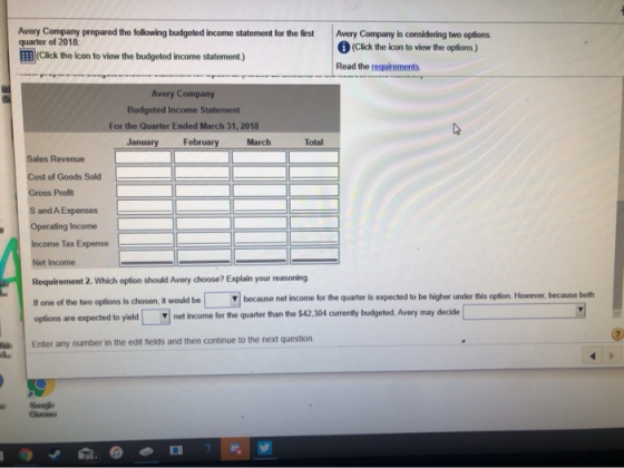 Avery Company prepared the following budgeted income statement for the first quarter of 2018: (Click the icon to view the bud