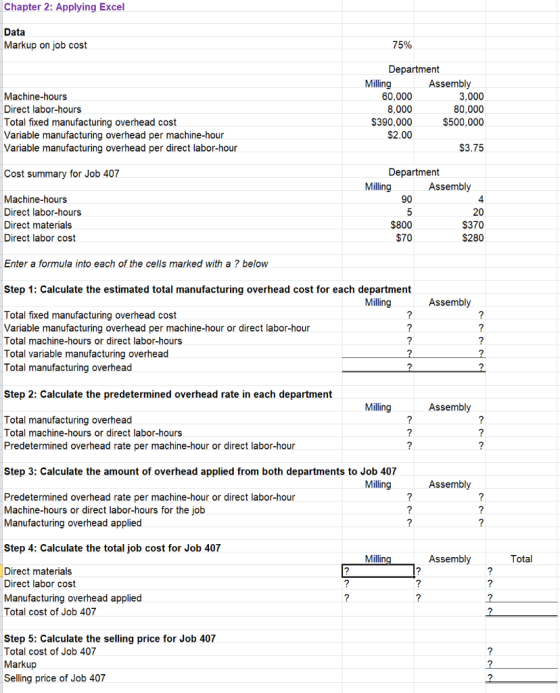Chapter 2: Applying Excel Data Markup on job cost 75% Machine-hours Direct labor-hours Total fixed manufacturing overhead cos