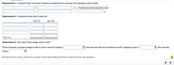 Requirement 1. Compute Phyllo Computer Companys predetermined overhead (OH) allocation rate for 2020. = Predetermined OH all