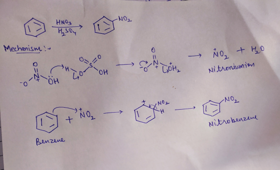 -NO2 HNO3 Mechanism :- 0 = No, tho Nitroniumion S -N NO2 SH itrobenzene Benzene
