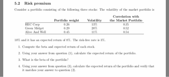 5.2 Risk premium Consider a portfolio consisting of the following three stocks: The volatility of the market portfolio is Cor