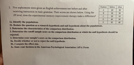 Student Before 2. Five sophomores were given an English achievement test before and after receiving instruction in basic gram