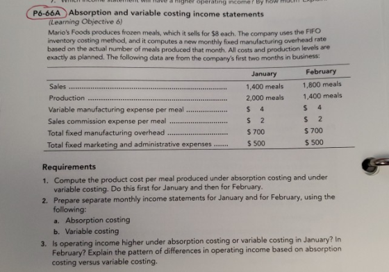 1. WC ne botenent will have a Higher operating income? By how MULLA P6-66A Absorption and variable costing income statements