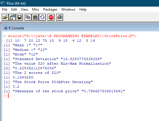 RGui (64-bit) File Edit View Misc Packages Windows Help STOP R Console > source (D:\\java\\R PROGRAMMING EXAMPLES\\StockPric