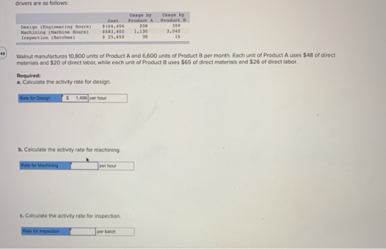 drivers are as follows: Design Engineering Hours) Machining Machine Hours) Inspection (Batches) Cost $164,406 $583,800 $ 25,6