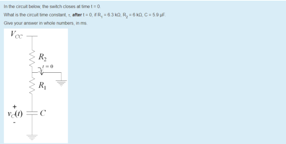 In the circuit below, the switch closes at timet 0. What is the circuit time constant. T, after t-0, if R1-6.3 k Give your answer in whole numbers, in ms. , R2-6 kQ, C-5.9 F. ег 2 t-0