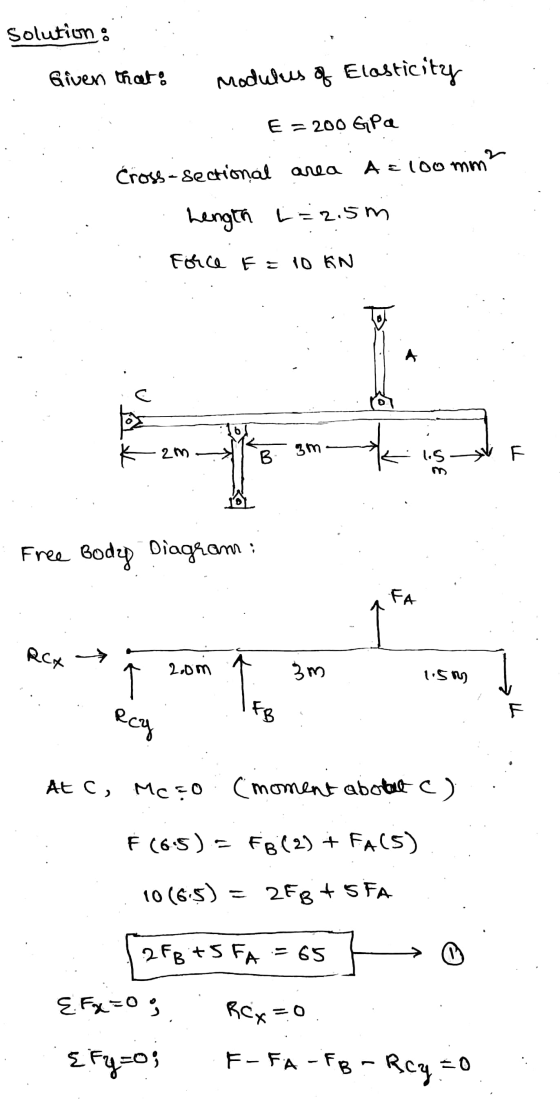 Solution: Given that: modulus of Elasticity E=200 GP a Cross-sectional area A = 100 mm² Length L = 2.5m Force F = 10 KN e 2m