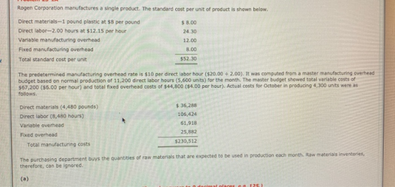 Rogen Corporation manufactures a single product. The standard cost per unit of product is shown below. Direct materials-1 pou