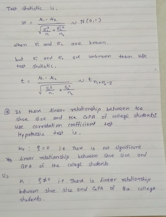 Test statistic is, z = 4,- 42 N N (0,1) when 6 and 62 are known. 62 are unknown then use but test i and statistic, 4,- llz t