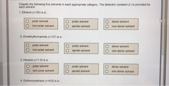 Classify the following five solvents in each appropriate category. The dielectric constant (€) is provided for each solvent.