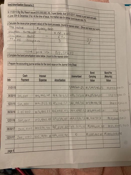 Bond Amortization Scenario 2: In 1/1/2015 Big Sky Resort issued $10,000,000,4%, 3year bonds, due 1231/2017. Intere June 30th