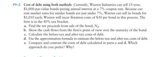 Cost of debt using both methods Currently, Warren Industries can sell 15-year, $1,000-par-value bonds paying annual interest at a 7% coupon rate. Because cur rent market rates for similar bonds are just under 7%, Warren can sell its bonds for $1,010 each; Warren will incur flotation costs of $30 per bond in this process. The firm is in the 40% tax bracket a. Find the net proceeds from sale of the bond, Nd. b. Show the cash flows from the firms point of view over the maturity of the bond. c. Calculate the before-tax and after-tax costs of debt d. Use the approximation formula to estimate the before-tax and after-tax costs of debt. e. Compare and contrast the costs of debt calculated in parts c and d. Which pg-2 approach do you prefer? Why?
