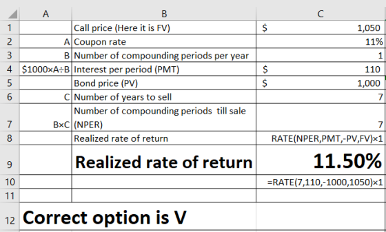 1,050 11% 2 A Call price (Here it is FV) A Coupon rate B Number of compounding periods per year 4 $1000xA:B Interest per peri