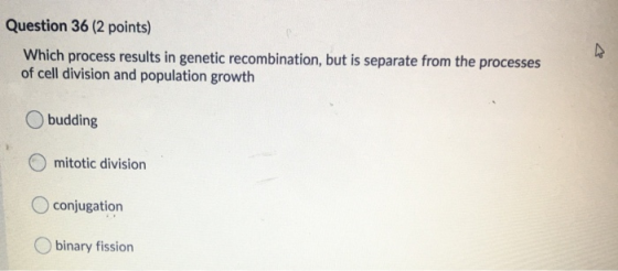 Question 36 (2 points) Which process results in genetic recombination, but is separate from the processes of cell division an