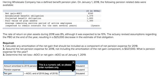 Herring Wholesale Company has a defined benefit pension plan. On January 1, 2018, the following pension related data were ava