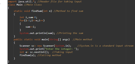 import java.util.*; //Header file for taking input class Main //Main Class static void findSum(int n) //Method to find sum in