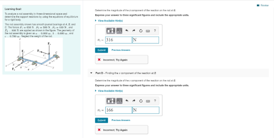 A Review Determine the magnitude of the z component of the reaction on the rod at B. Express your answer to three significant