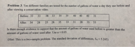 Problem 3. Ten different families are tested for the number of gallons of water a day they use before and after viewing a con