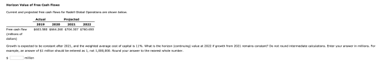 Horizon Value of Free Cash Flows Current and projected free cash flows for Radell Global Operations are shown below. Actual P