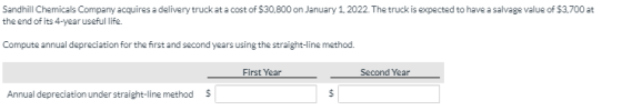 Sandhill Chemicals Company acquires a delivery truck at a cost of $30,800 on January 1, 2022. The truck is expected to have a