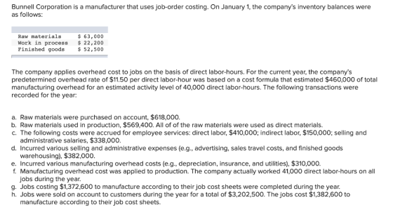 Bunnell Corporation is a manufacturer that uses job-order costing. On January 1, the companys inventory balances were as fol