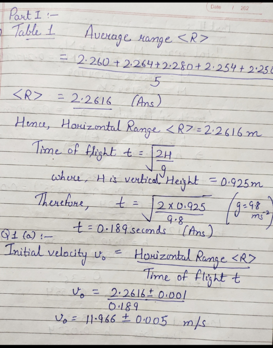 Date 1 202 Part I: I Table 1 Average sange <R> = 2:260 +2.264+2:280 +2.254 +2:257 5 <R> = 2.2616 (Ans) 2K Hence, Horizontal R