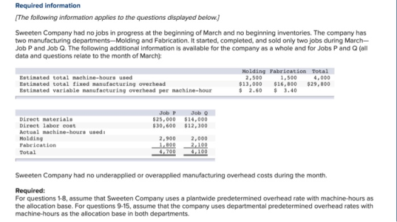 Required information (The following information applies to the questions displayed below.) Sweeten Company had no jobs in pro