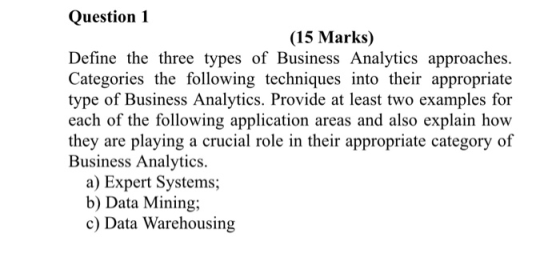 Question 1 (15 Marks) Define the three types of Business Analytics approaches. Categories the following techniques into their