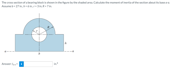 The cross section of a bearing block is shown in the figure by the shaded area. Calculate the moment of inertia of the sectio