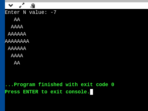 Enter N value: -7 АА AAAA AAAAAА AAAAAAAА ААAАА АA А ..Program finished with exit code 0 Press ENTER to exit console. |