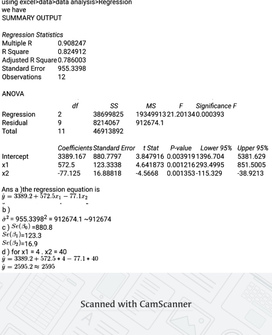 using excel>data-data analysis>Regression we have SUMMARY OUTPUT Regression Statistics Multiple R 0.908247 R Square 0.824912
