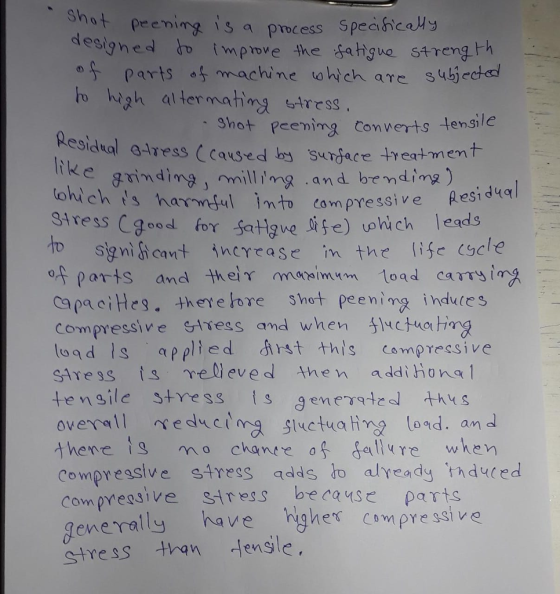 peeming isa Process Speaicels esigned im prove the gahgve Strengh parts machine tahich are subjectel ro high a termating stress - Shot peening Conwerts ensile sungace treatment esidtal QAress ( caussed b e·grinding j rwill, ng .and brmding) toh ch s ha imto SHress Cgood for Satigue ise hich leads com pressive Aesid4 To significan+ íncYでase m the lifecycle o,f ρarts and their mono/my ca ρα с і Не. therefore shot peening induces compressive stress and when チ}YCMothn loa d Is applied rst this campressive tensile stvess is gemeratea tht s thene tgna chanee as lre wken compressive sfrees qddsto already thdVted Compregsive siness becaus parts enealy have higher campre ssive stress than Jensle.