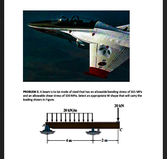 PROBLEM 3. A beam is to be made of steel that has an allowable bending stress of 165 MPa and an allowable shear stress of 100 MPa. Select an appropriate W shape that will carry the loading shown in Figure. 20 kN 20 kN/m
