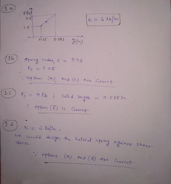 1. a Fab) 3.5 K= 6eblin 1.5 0.25 0.583 (in) 11.6 9.43 spring index, ca Ks = tos option (a), and (c) are correct 1.C. F = 4 lb