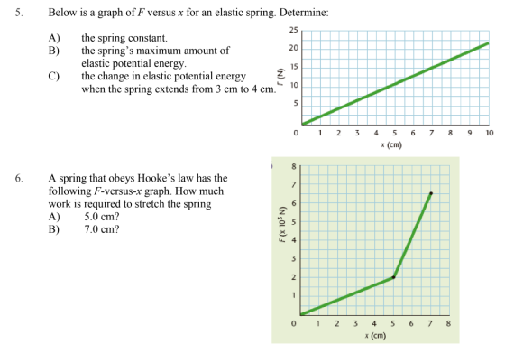 Below is a graph of F versus x for an elastic spring. Determine 25 20 15 10 A) the spring constant B)the springs maximum amount of elastic potential energy 2 C)the change in elastic potential energy when the spring extends from 3 cm to 4 cm 0 2 3 45 6 78 9 10 8 A spring that obeys Hookes law has the following F-versus-x graph. How much work is required to stretch the spring A) 5.0 cm? B) 7.0 cm? 7 3 2 0 1 2 3 45 6 7 8