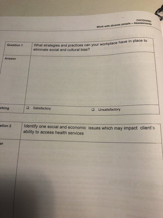 CHCDIVO1 Work with diverse people - Assessment Question 1 at Strategies and practices can your workplace have in place to eli