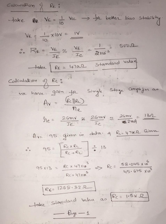 Calculation RE: take. R VE = VCC for better bias stabili stability: lo IV VE Xlov = 502 VE 8. RE= VE Ic 2x03 IE take RE 4702