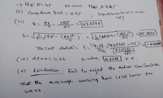 27 in HorM=45 vernus Ha: u 745 (1) Confidence level = 0.95 signiticance level=0.05 ca) (11) = 1185 = 43.8889) se 6-,6732_ (30