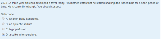 2578 - A three year old child developed a fever today. His mother states that he started shaking and turned blue for a short