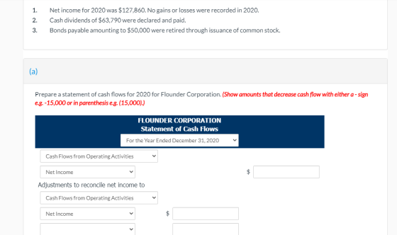 1. 2. Net income for 2020 was $127,860. No gains or losses were recorded in 2020. Cash dividends of $63,790 were declared and