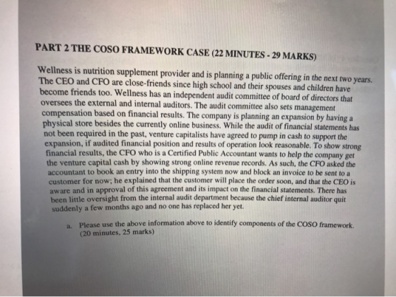 PART 2 THE COSO FRAMEWORK CASE (22 MINUTES - 29 MARKS) Wellness is nutrition supplement provider and is planning a public off