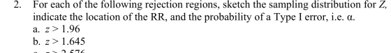 2. For each of the following rejection regions, sketch the sampling distribution for Z, indicate the location of the RR, and