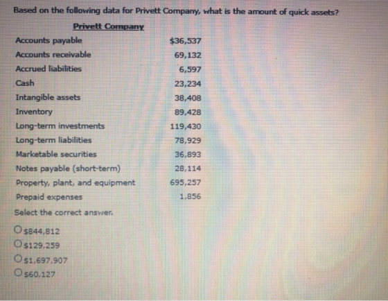 Based on the following data for Privett Company, what is the amount of quick assets? Privett Company Accounts payable $36,537