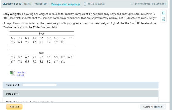 Question 3 of 10 (4 points) | Attempt 1 of 1 | View question in a popup | © 2h 55m Remaining 11.1 Section Exercise 16 (p-valu